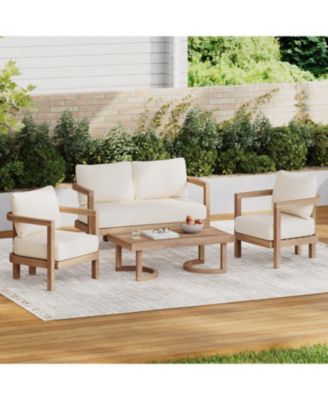 Streamdale Acacia Patio Set, 4-piece, cushions, coffee table, Brown wash/beige
