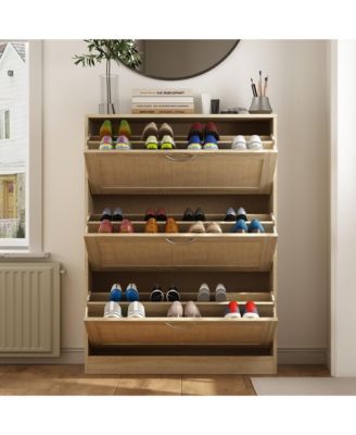 Wooden 3-door yellow shoe cabinet, multifunctional shoe rack with adjustable shelves, rattan drawers