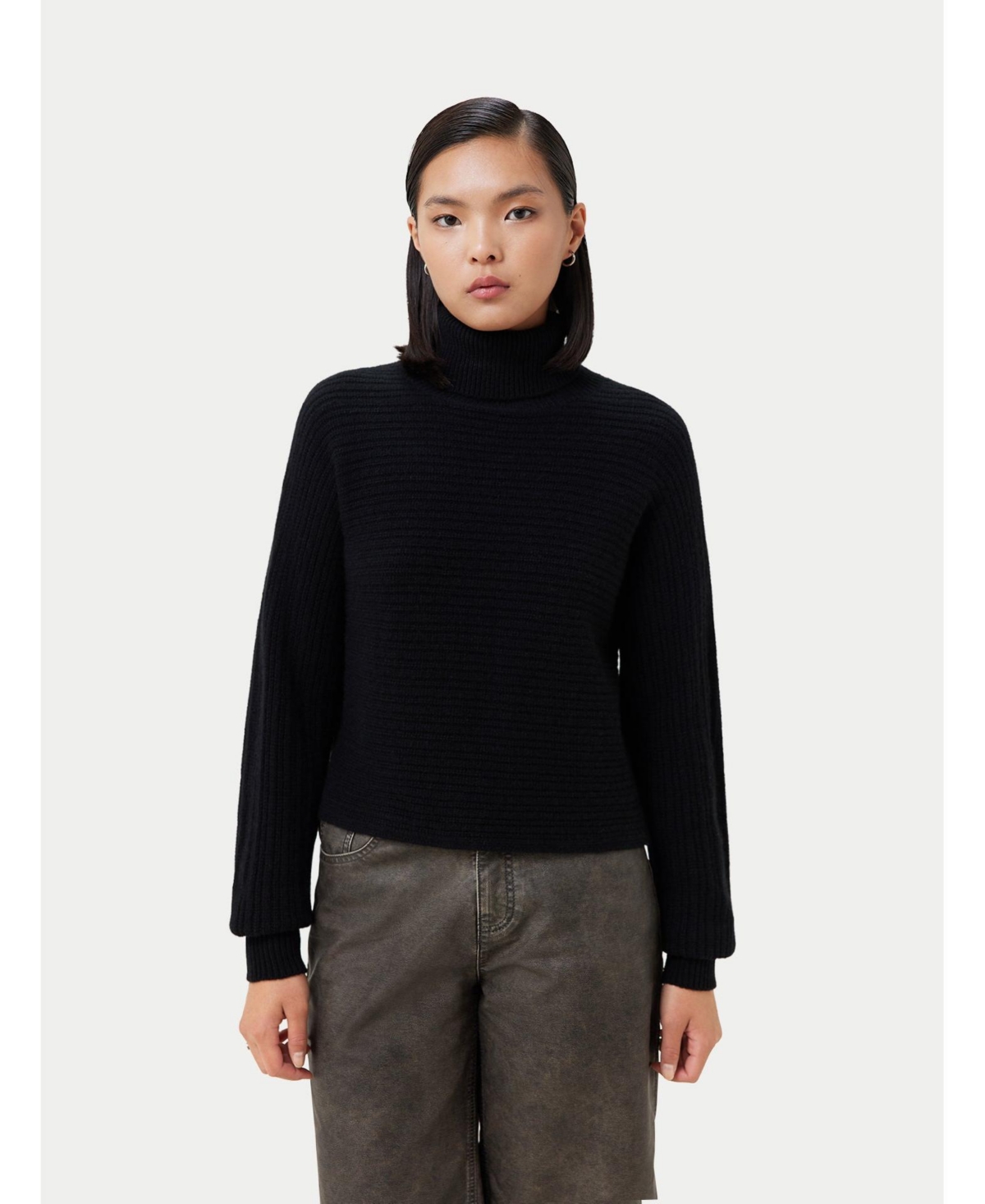 Women's Cashmere Cropped T-Neck Sweater - M / black / WK0921-1481 - Black-blue graphite