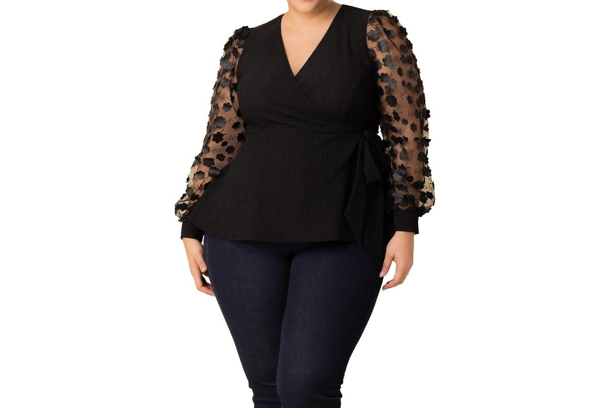 Plus Size Scattered Petals Long Sleeve Wrap Top - Onyx blossoms
