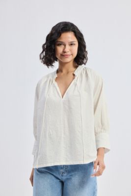 Women's Relaxed Fit Top with Front-tie in Cream