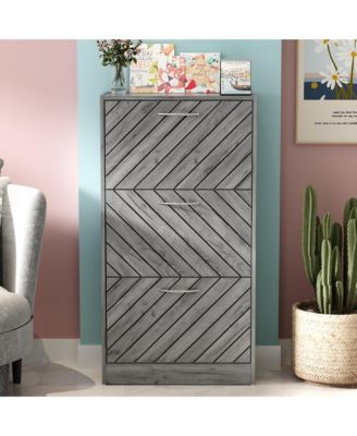 Wooden 3-door natural shoe cabinet, shutter door drawers, multi-purpose shoe rack with adjustable shelves