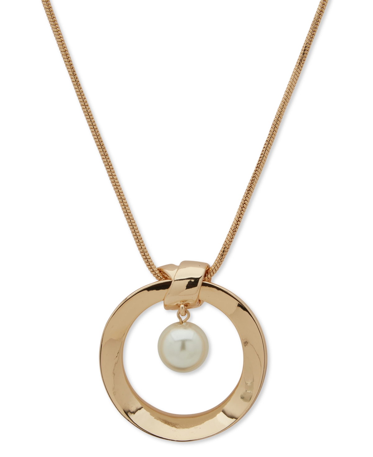 Gold-Tone Imitation Pearl Orbital Circle Long Pendant Necklace, 32" + 3" extender - Pearl