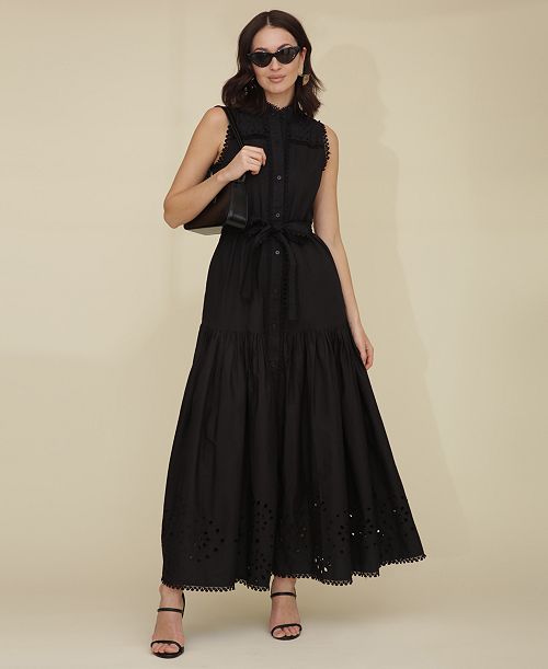 alfani Avec Les Filles Women's Cotton Sleeveless Eyelet Maxi Dress Women's Fashion Shoes & Accessories