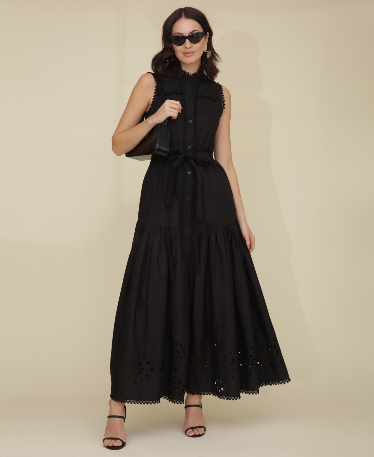 Avec Les Filles Women's Cotton Eyelet Sleeveless Maxi Dress In Black