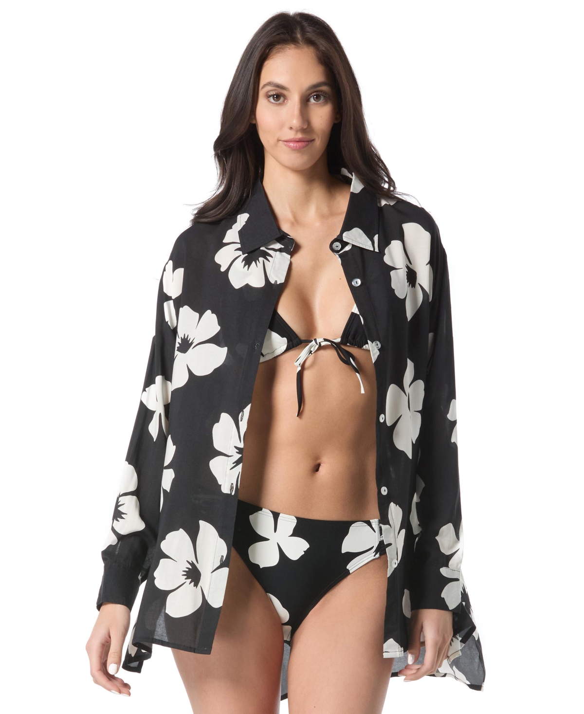 Women's Floral-Print Cotton Cover-Up Shirt - Black