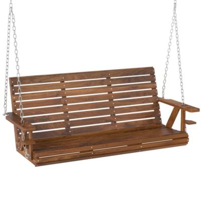 5 FT Wooden Porch Swing 3-Seater with Cupholders,