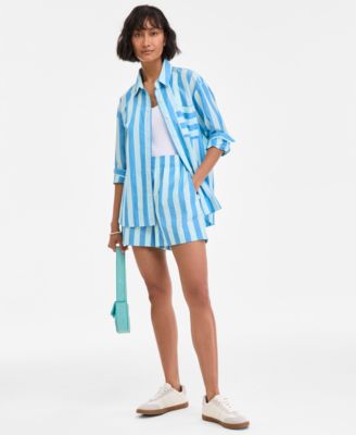 On 34th Womens Cotton Striped Shirt Pull On Shorts Beaded Shoulder Bag Puffy Teardrop Stud Earrings Exclusiv