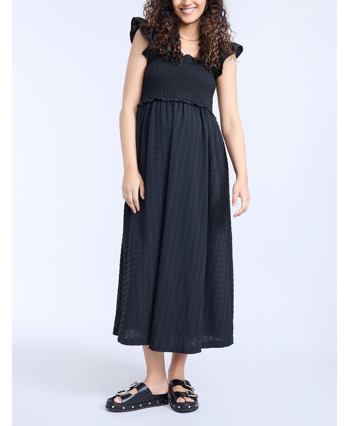 Maternity Sleeveless Ruffle Shoulder Smocked Maxi Dress - Motherhood - Skyway ditsy floral