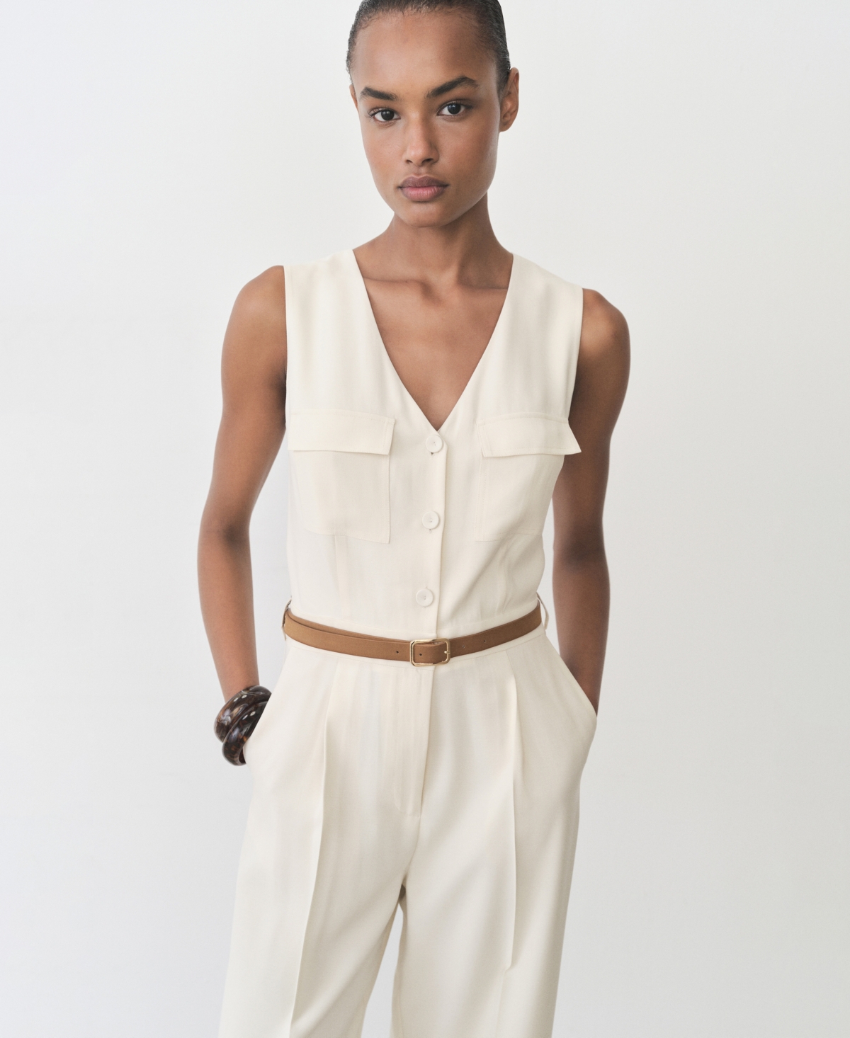 Mango Belt Long Jumpsuit Ecru In Ecru