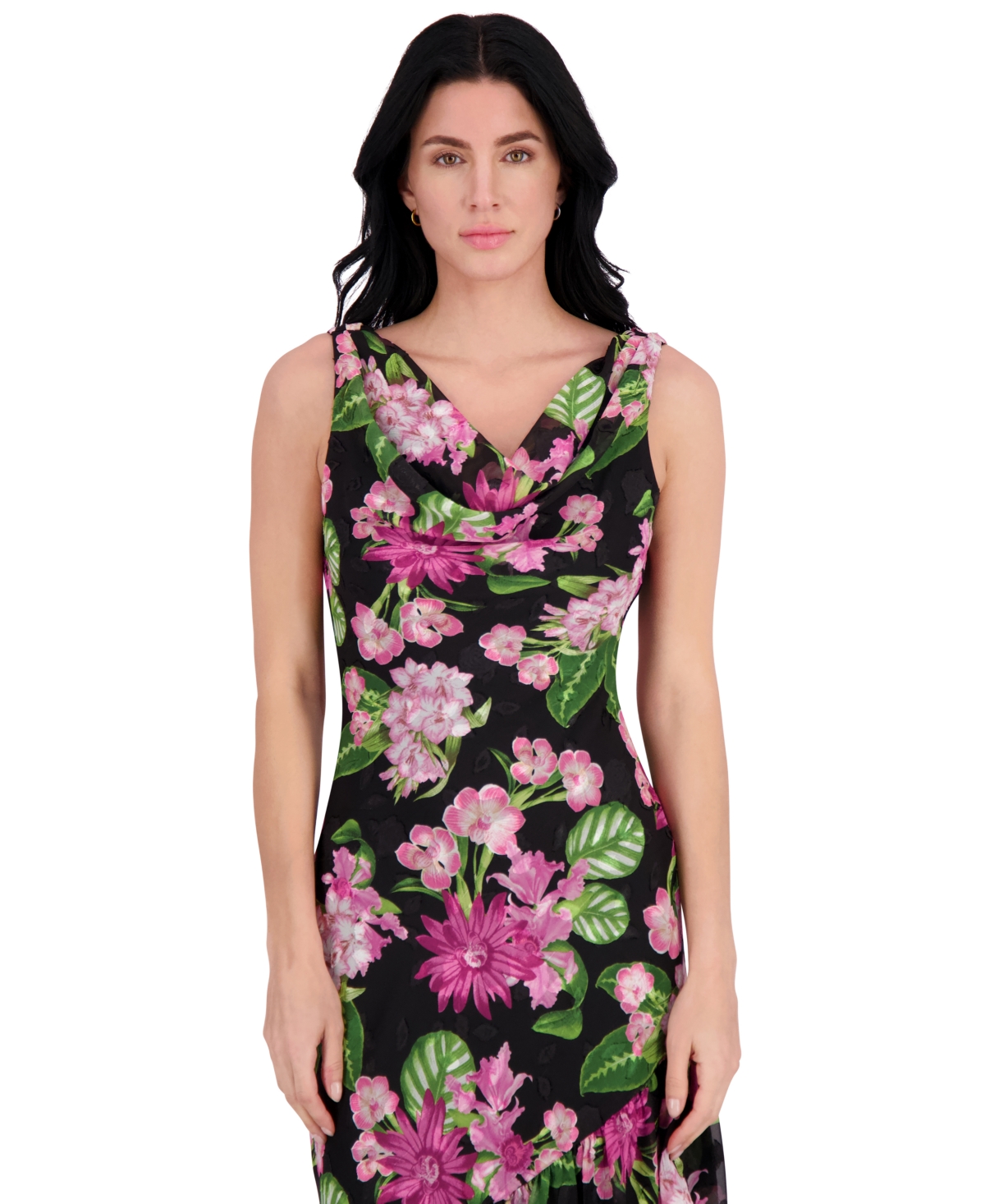 Kensie Women's Floral-print Chiffon Flounce Dress In Black Multi