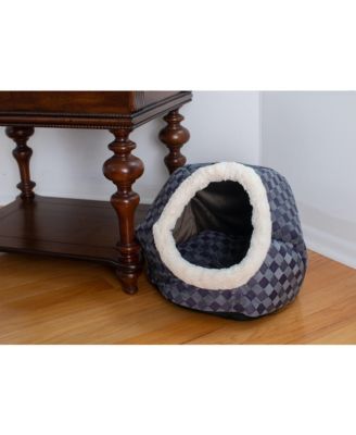 Cuddle Cave Cat Bed C44 for Cats & Puppy Dogs, Blue Checkered - Soft Velvet, Waterproof & Skid-free Base