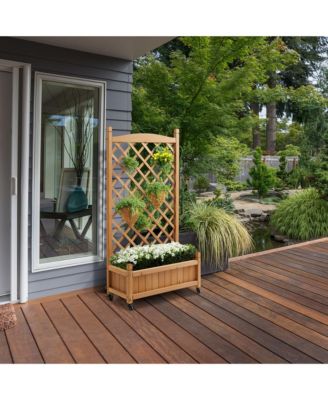 48" Raised Garden Bed with Trellis, Wooden Diamond Lattice for Climbing Plants and Planter box with Drainage Holes and Wheels