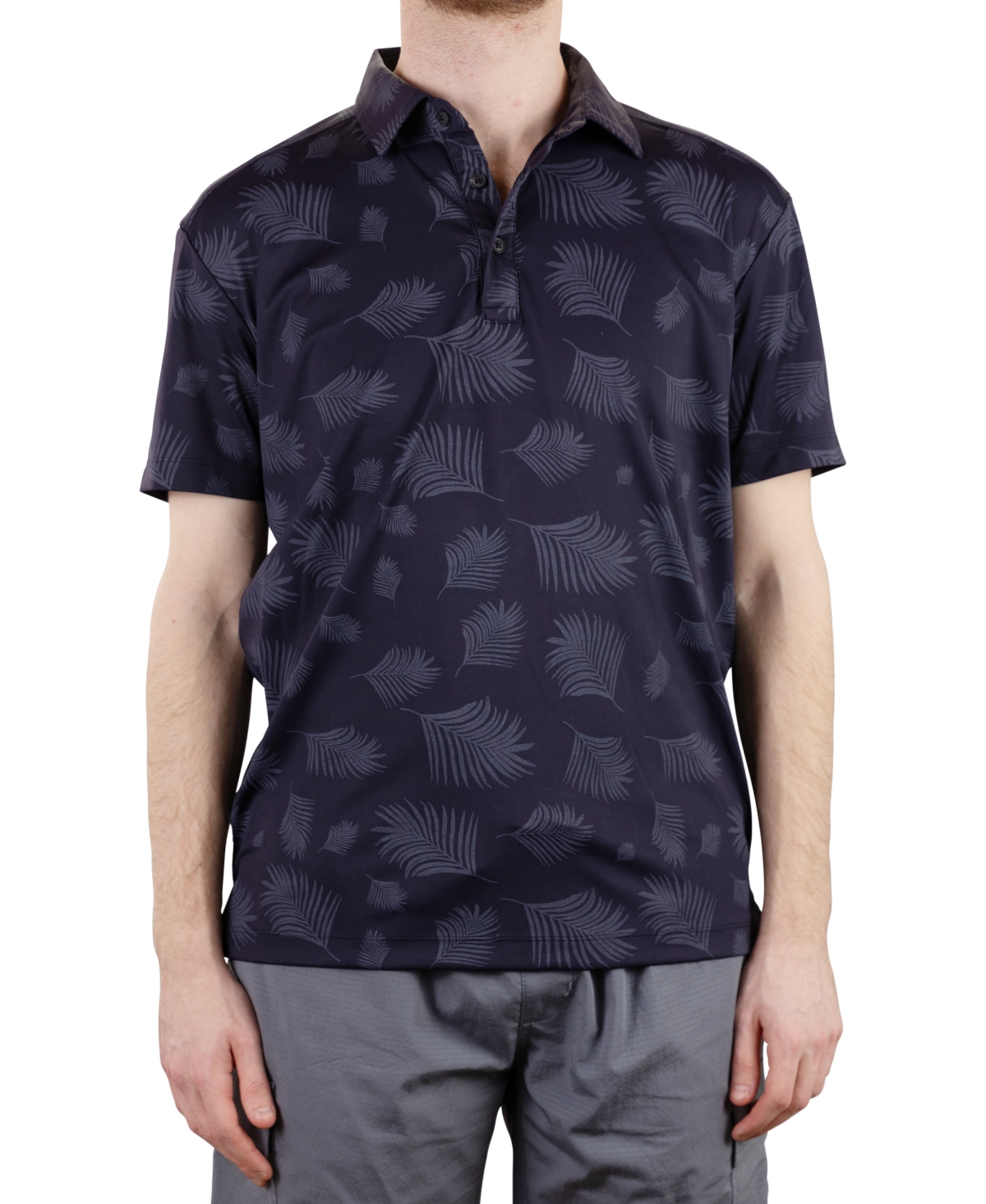 Men's Short Sleeve Two-Tone Leaf Print Polo Shirt - Dark Midnight