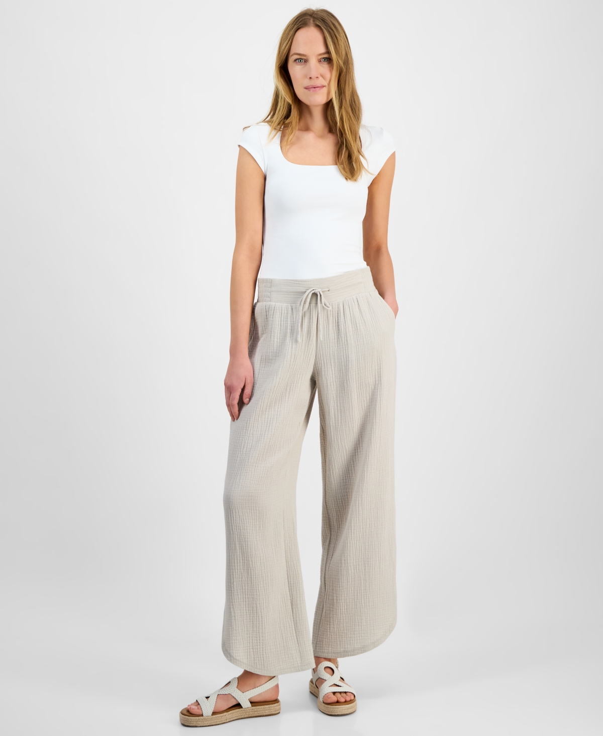Women's Cotton Tulip-Hem Gauze Pants, Exclusively at Macy's - Stone Wall