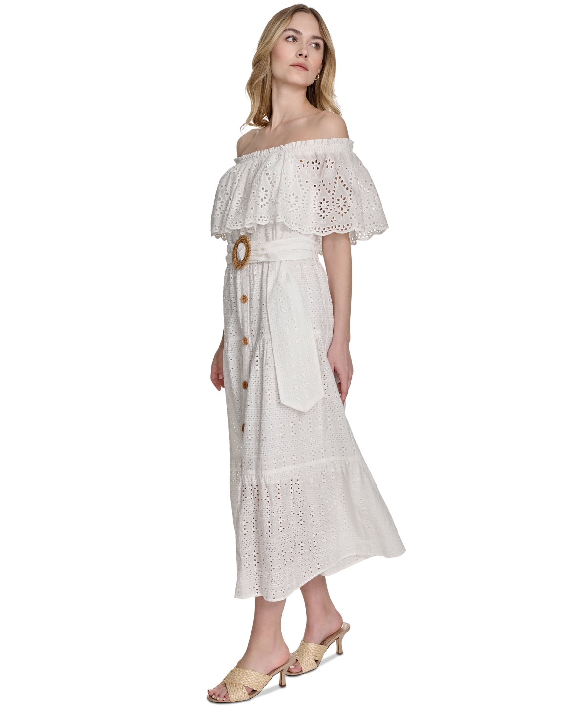ELIZA J WOMEN'S COTTON OFF-THE-SHOULDER BELTED MIDI DRESS 