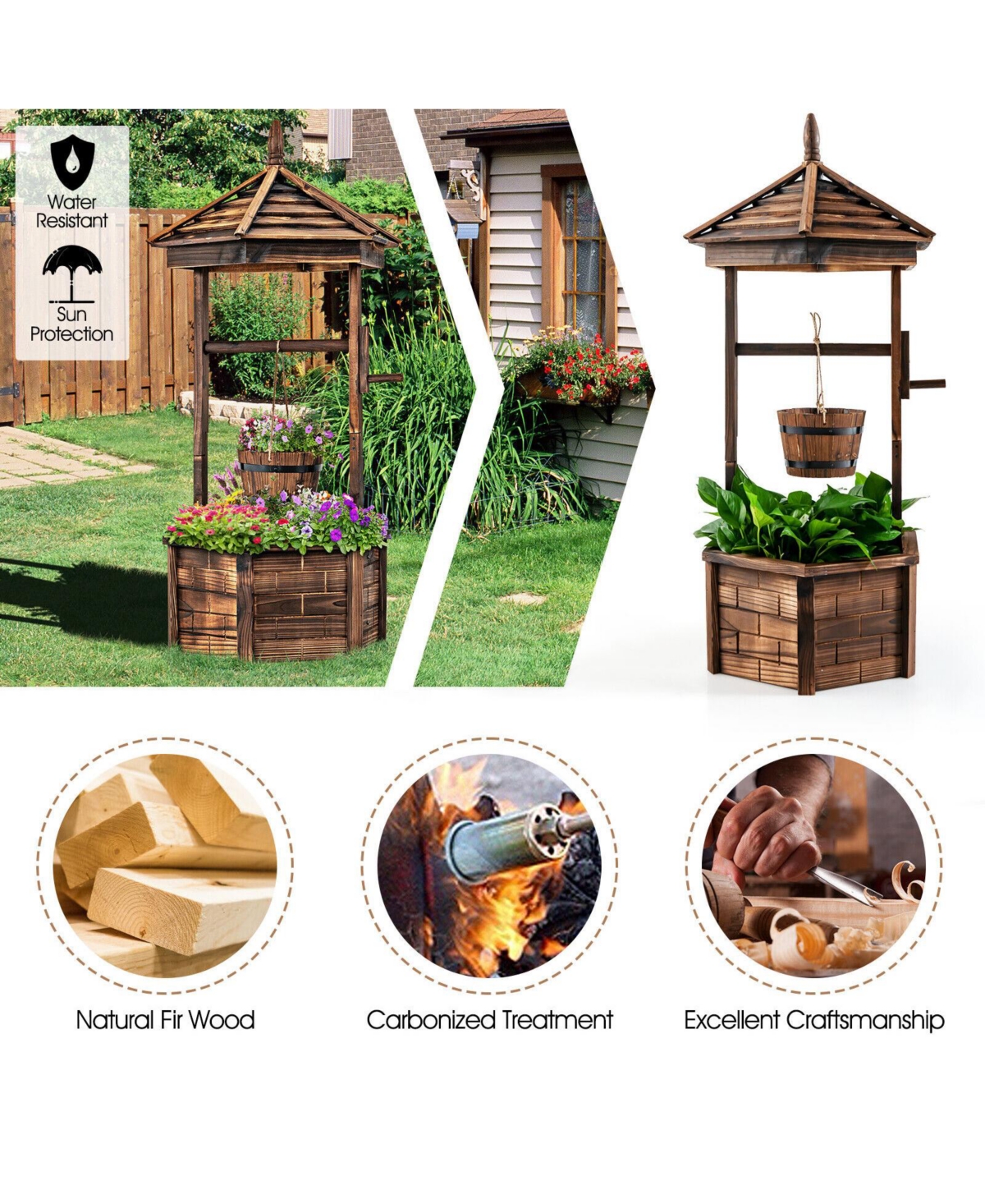 Rustic Wooden Wishing Well with Adjustable Hanging Bucket