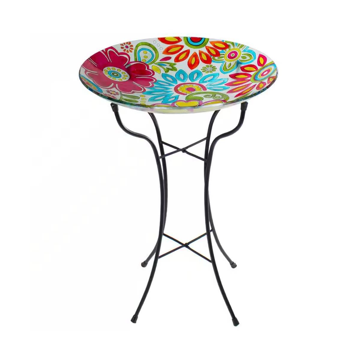 Painted Glass Outdoor Bird Bath with Stand for Garden Decoration - Multi