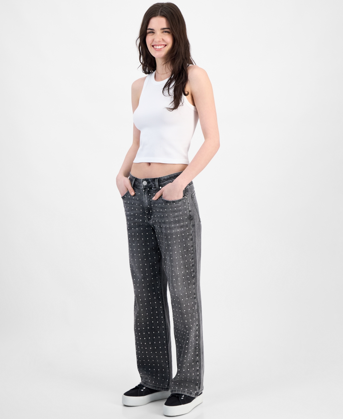 Juniors' Studded Wide-Leg Jeans - Faded Black