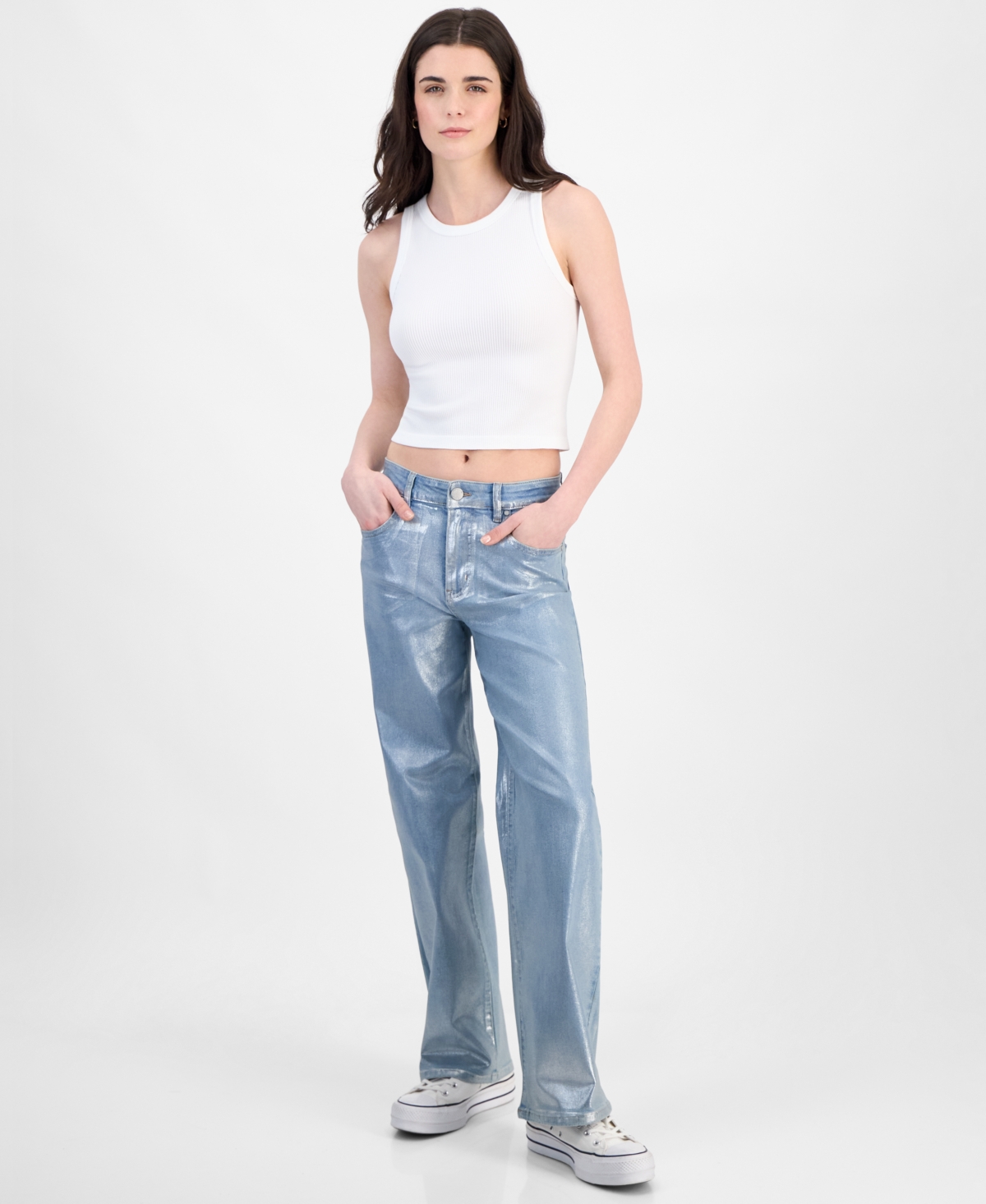 Juniors' Metallic Coated Wide-Leg Jeans - Medium Wash
