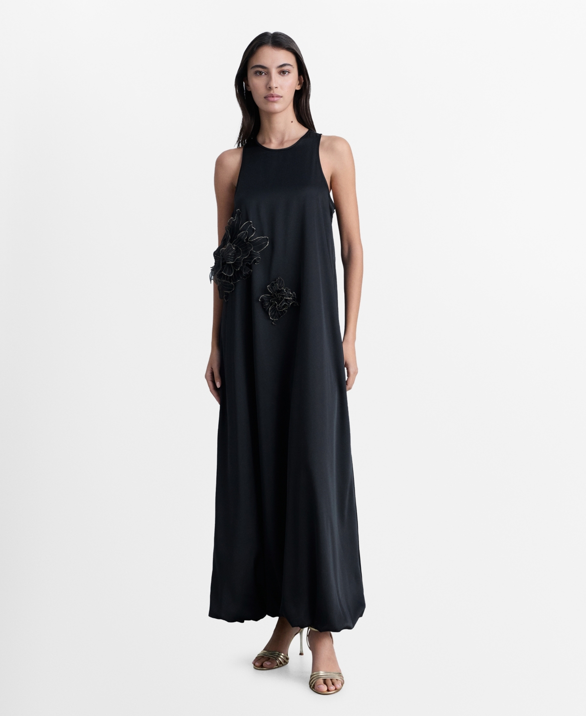 Shop Mango Women's Satin Maxi-flower Dress In Black