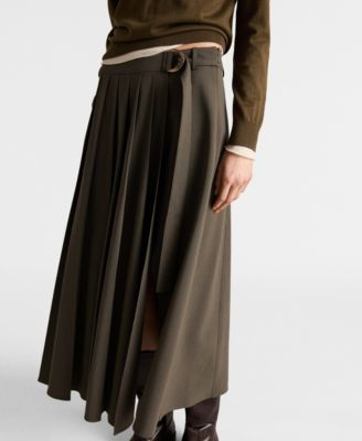 MANGO - Women's Belt Buckle Pleated Skirt