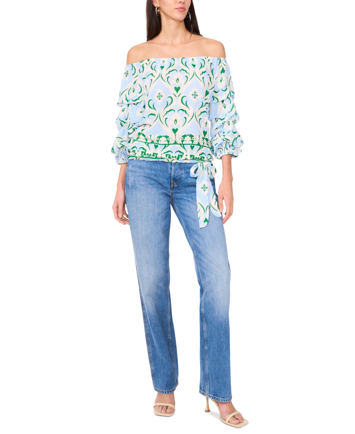 VINCE CAMUTO WOMEN'S PRINTED OFF-THE-SHOULDER BUBBLE 3/4-SLEEVE TIE-FRONT BLOUSE 