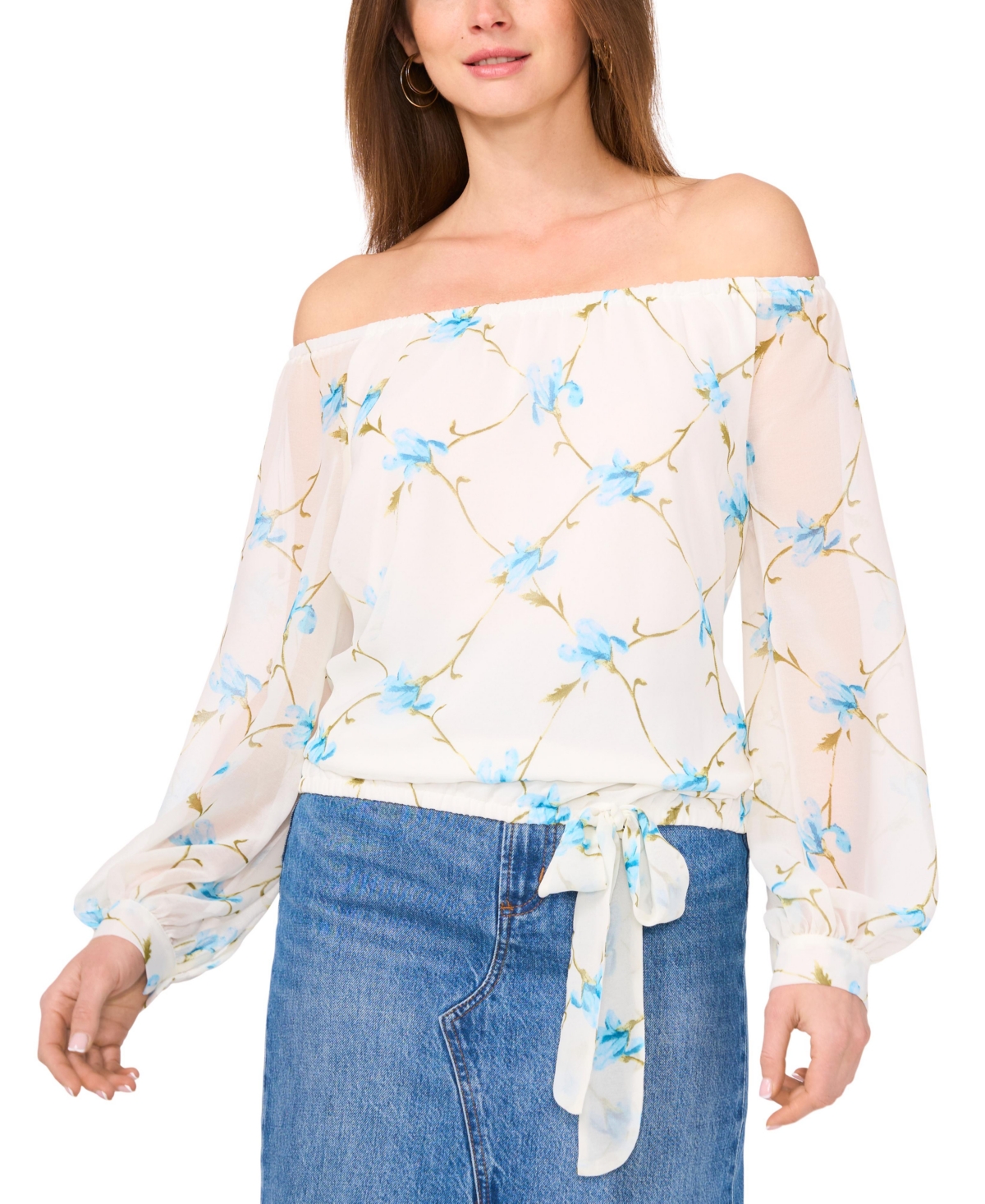 Vince Camuto Women's Floral-print Off-the-shoulder Tied-hem Top