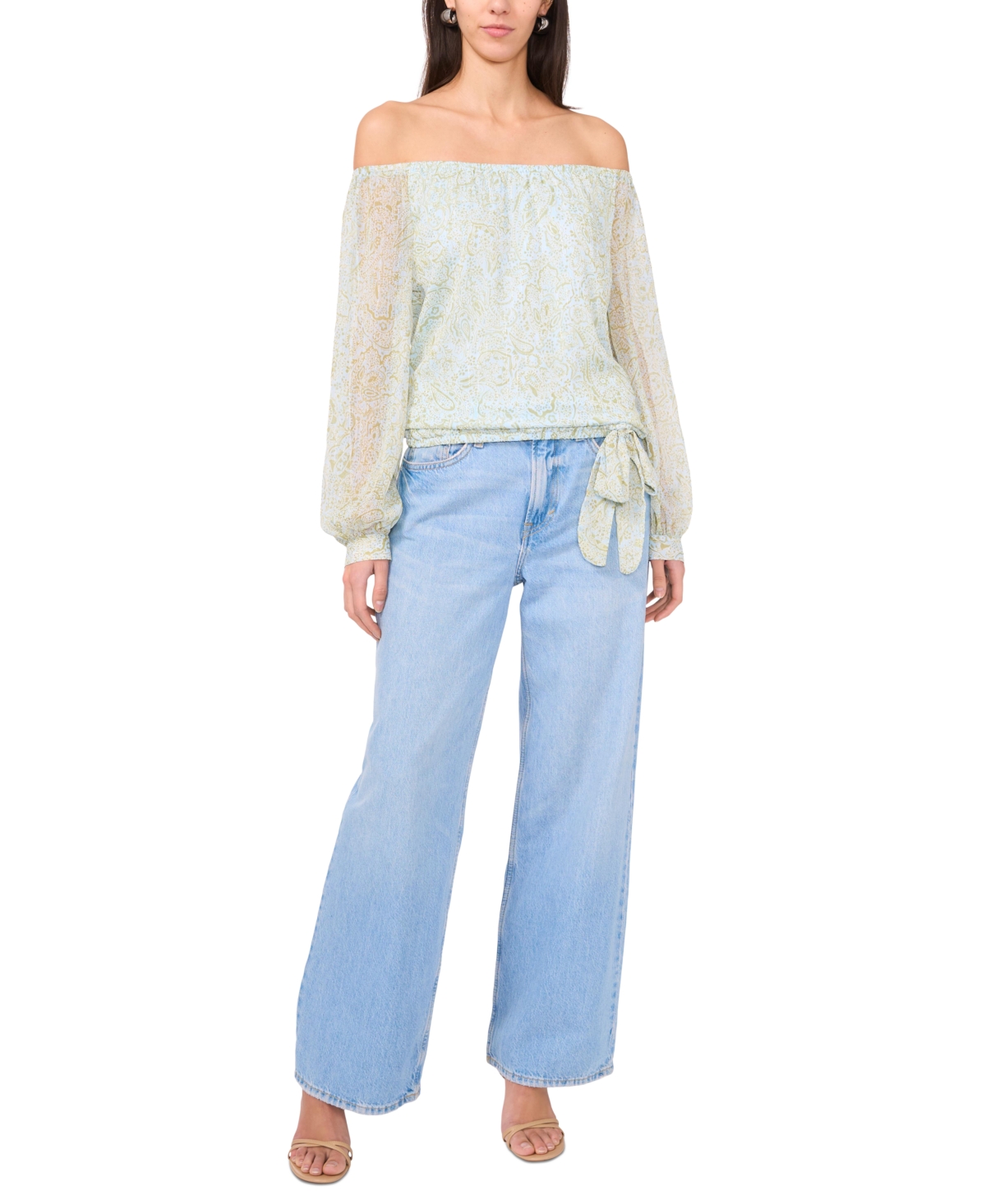 VINCE CAMUTO WOMEN'S PRINTED OFF-THE-SHOULDER LONG-SLEEVE TIE-FRONT BLOUSE 