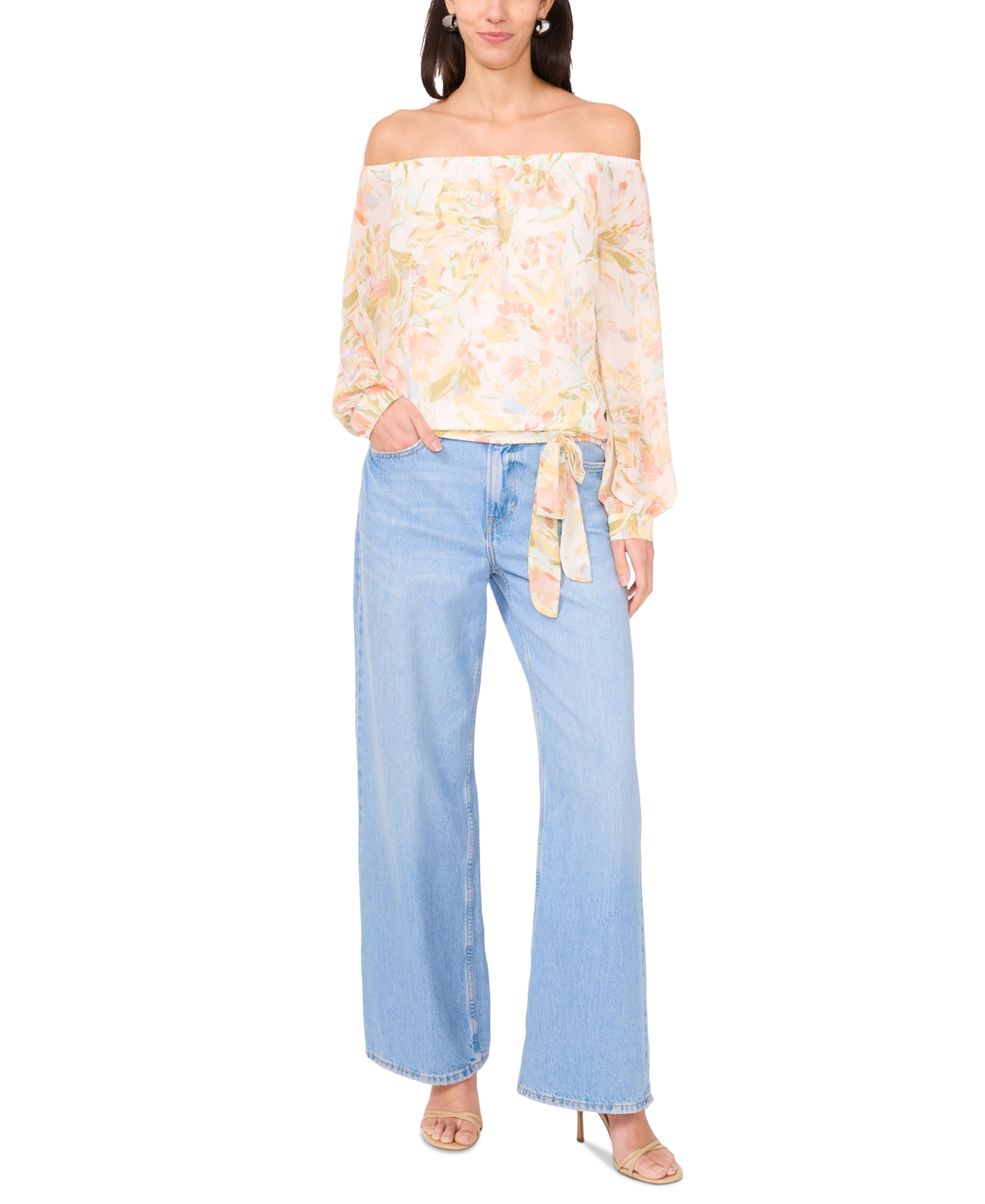 Shop Vince Camuto Women's Printed Off-the-shoulder Tied-hem Top