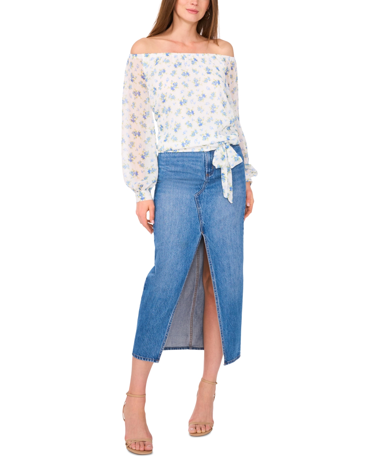 VINCE CAMUTO WOMEN'S FLORAL OFF-THE-SHOULDER LONG-SLEEVE TIE-FRONT BLOUSE 