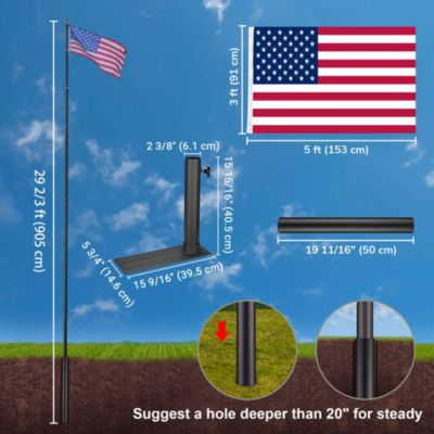 EZ GO 30ft Telescopic Flag Pole Kit Wheel Tire Mount Stand Upgrade Rotating Lock Outdoor Camper RV Tailgate Black