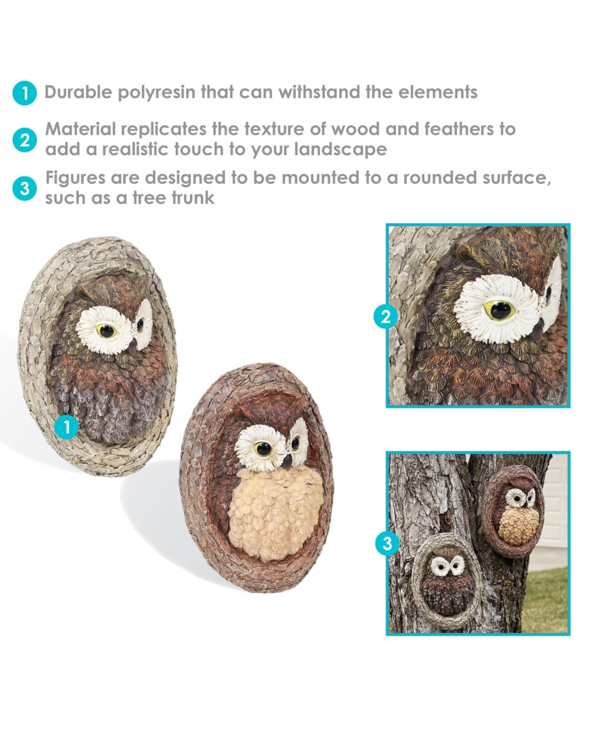 Outdoor Polyresin Winifred and Wesley the Wise Old Owls Tree Hugger Tree Trunk Garden Sculpture Decoration - 9" - 2pc