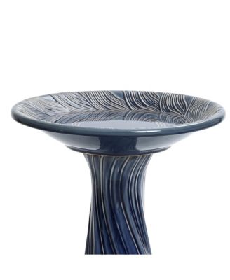 Blue Leaves and Swirl 22-Inch Tall Ceramic Birdbath