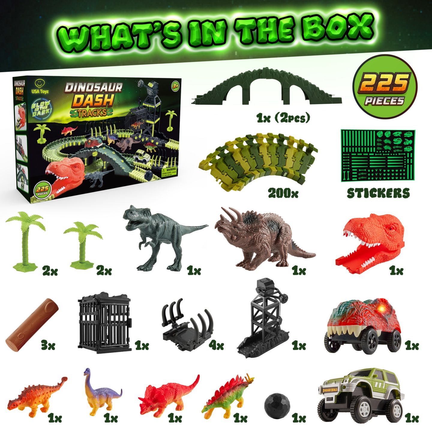 Детский конструктор USA Toyz Dinosaur Dash 225-Piece Glow-in-the-Dark Stem Building Set, Ages 3+ — фото 11