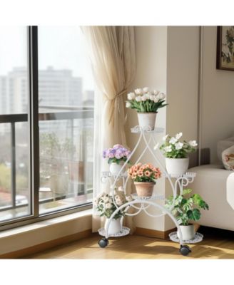 6 Potted White Metal Plant Stand Wrought Iron Flower Rack Holder with Wheels
