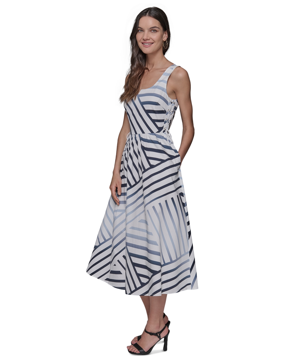 Shop Karl Lagerfeld Women's Side-lace-up Midi Dress In Soft White,chambray Blue Multi