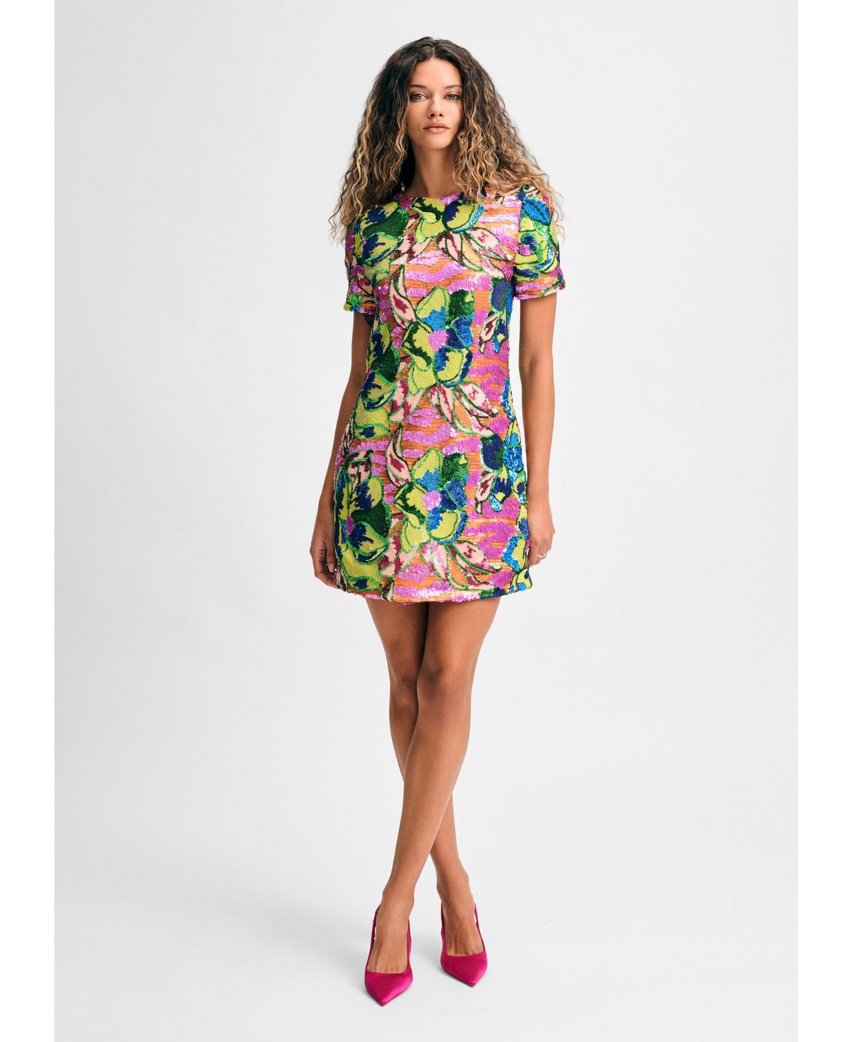 Women's Sequin Floral Short Sleeve Mini Dress - Yellow multi
