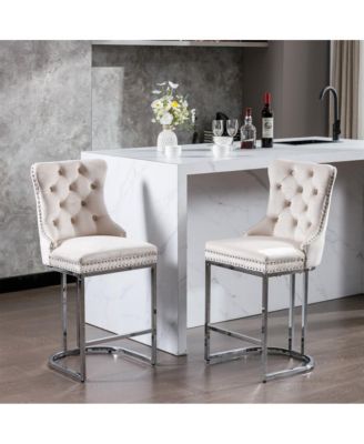 Set of 2 Velvet Counter Height Stools, 25.2" Kitchen Island Chairs with Button Tufted Back, Rivet Trim and Chrome Metal Base