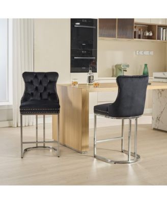 Set of 2 Velvet Counter Height Stools, 25.2" Kitchen Island Chairs with Button Tufted Back, Rivet Trim and Chrome Metal Base
