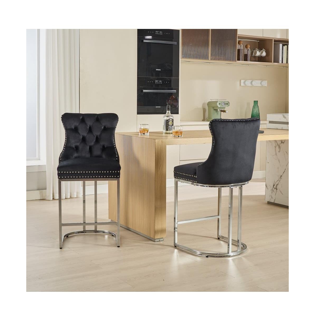 Set of 2 Velvet Counter Height Stools, 25.2" Kitchen Island Chairs with Button Tufted Back, Rivet Trim and Chrome Metal Base -The Pop Home