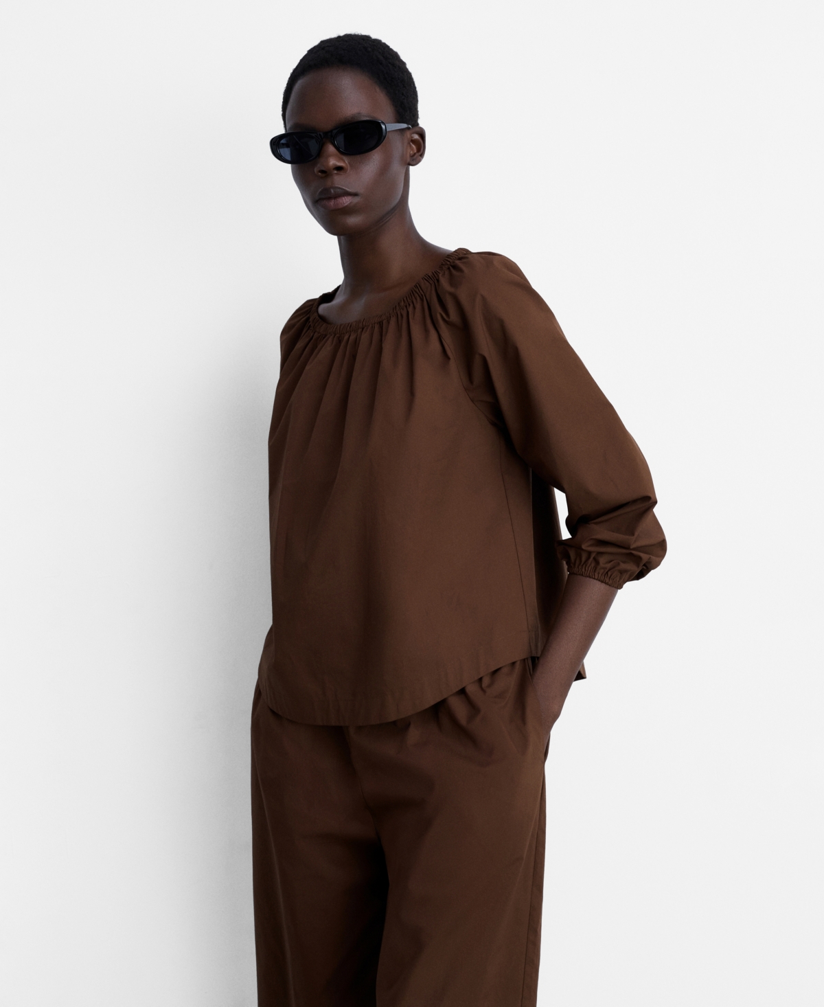 Mango Cotton Blouse With Gathered Neck Brown In Brown
