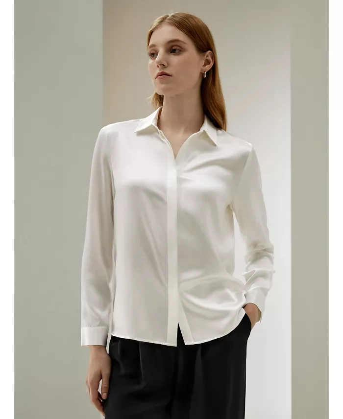 Women's Basic Concealed Placket Regular Fit Silk Shirt - thumbnail 7