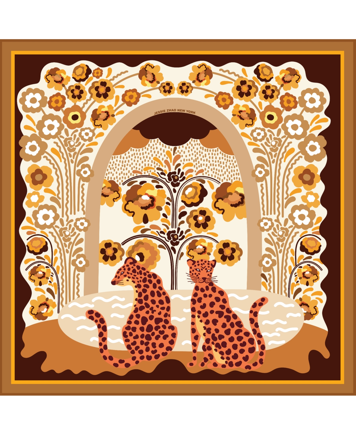 Double Sided Wool Silk Scarf Of Leopards With Floral Fountain - Brown