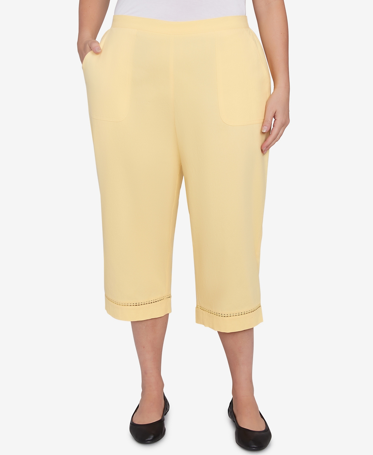 Alfred Dunner Plus Size Rise And Shine Lace Dotted Trim Capri Jacket In Lemon
