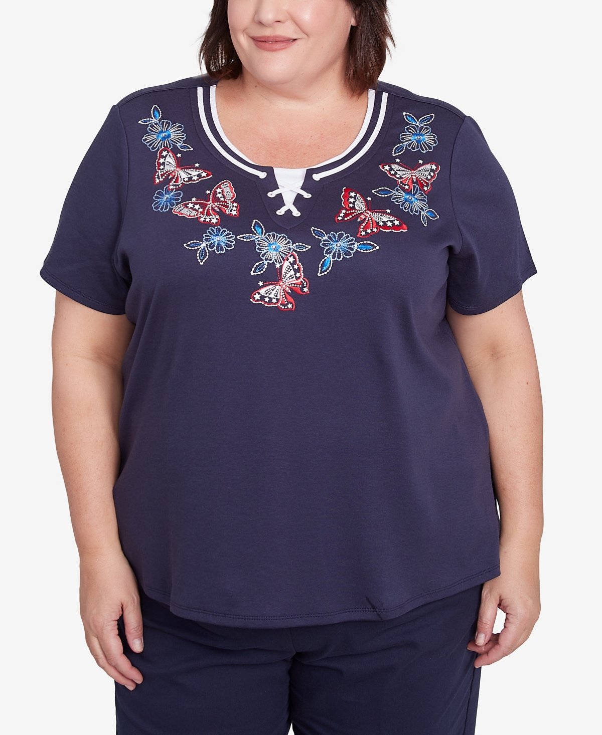 Alfred Dunner Plus Size Land Of The Free Butterfly Criss-cross Crew Neck Top In Navy