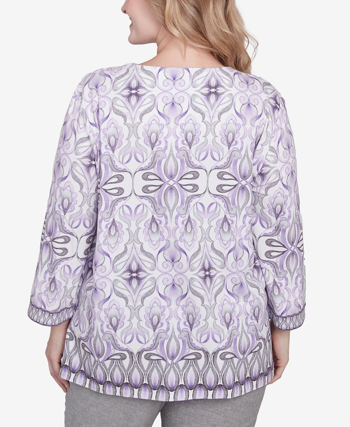 Alfred Dunner Plus Size Crystal Springs Border Square Neck Top In Lilac Multi