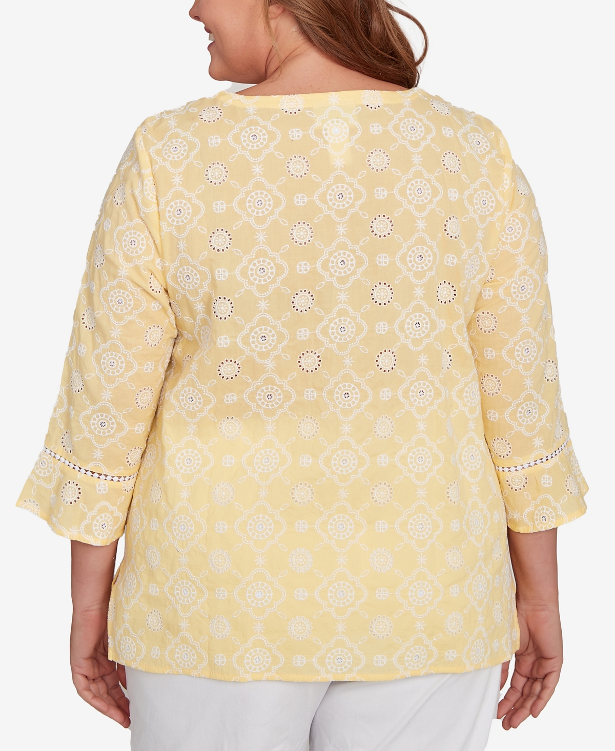 Alfred Dunner Plus Size Rise And Shine Embroidered Floral Eyelet Bell Sleeve Top In Lemon