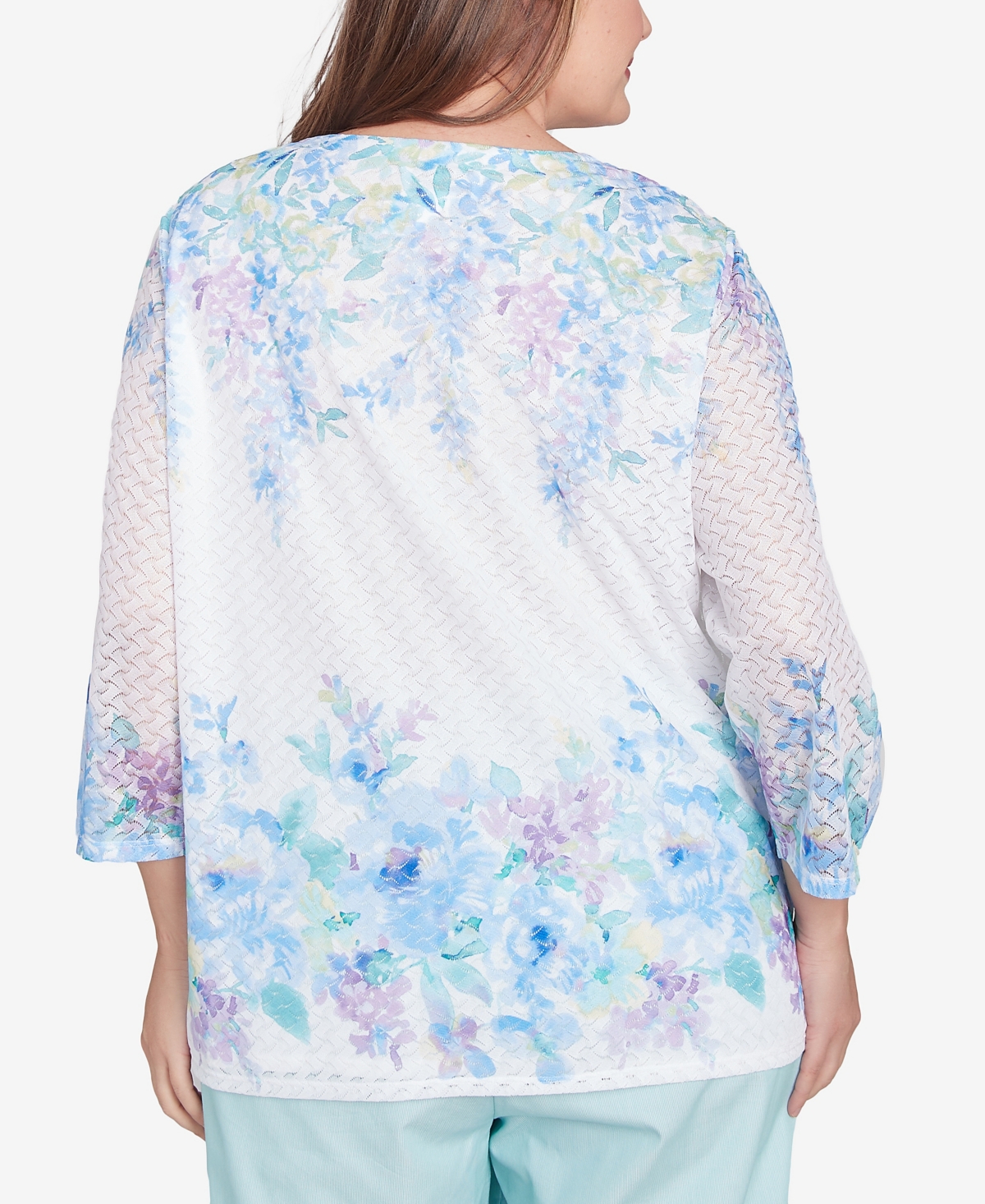 Alfred Dunner Plus Size St. Thomas Textured Sky Blue Floral Border Top In Sky Blue Multi