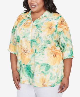 Plus Size Rise and Shine Watercolor Floral Tie Sleeve Button Down Top